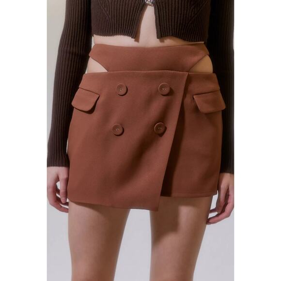 New For Love & Lemons Alysa Cutout Mini Button Skort $149 SMALL Brown - Picture 2 of 5